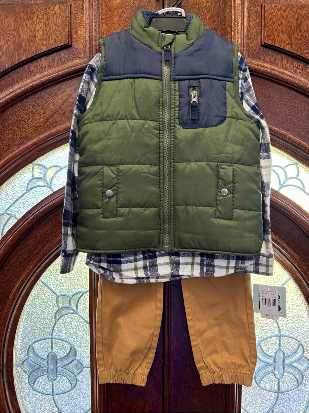 Kids Olive Green Puffer Vest Matching Set